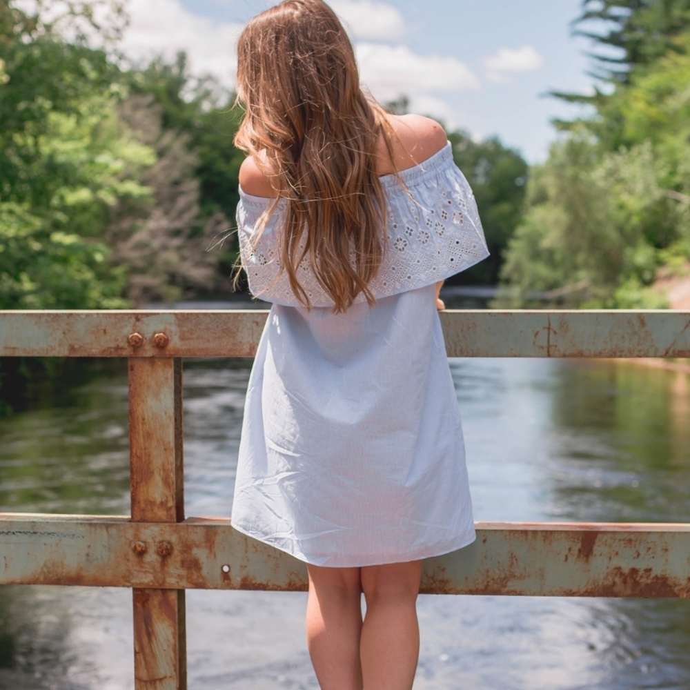 NWT Loft Pinstripe Off the Shoulder Eyelet Dress
